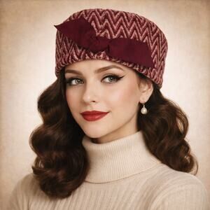 Vintage 60s Dajon Original Mod Majenta Chevron Pill Box Formal HAt OS